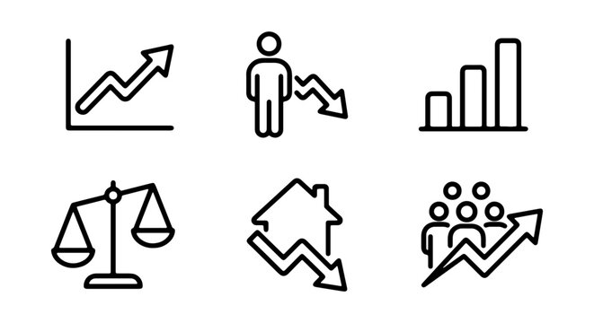 Business data icons set, financial growth and decline symbols, 6 vector line graphics