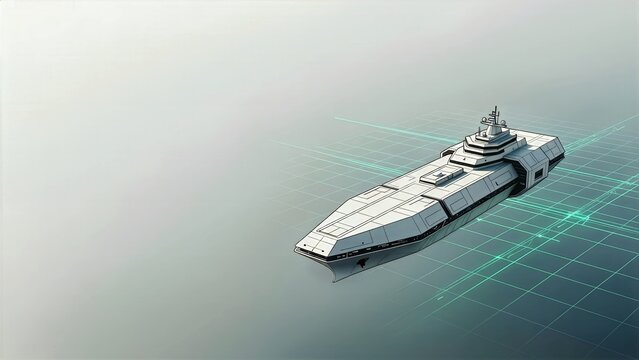 Extreme Minimalist Orbital Cargo Vessel with Razor Sharp Panel Lines, Teal Navigation Grid and Monumental Copy Space on Light Gradient Background