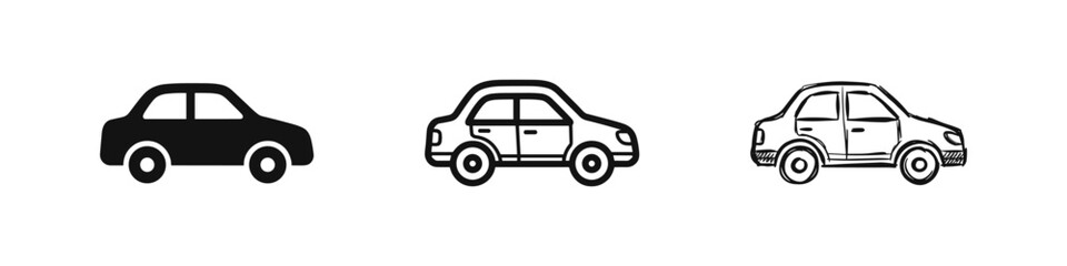 Fototapeta premium Car Vehicle Icon Set: Solid, Outline, and Sketch Styles