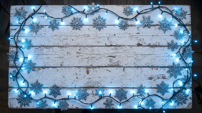 Blue led snowflake string lights on white rustic wood background with snowflake
