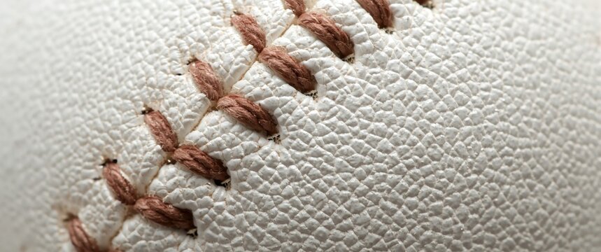 High resolution image of baseball seam details on white leather background