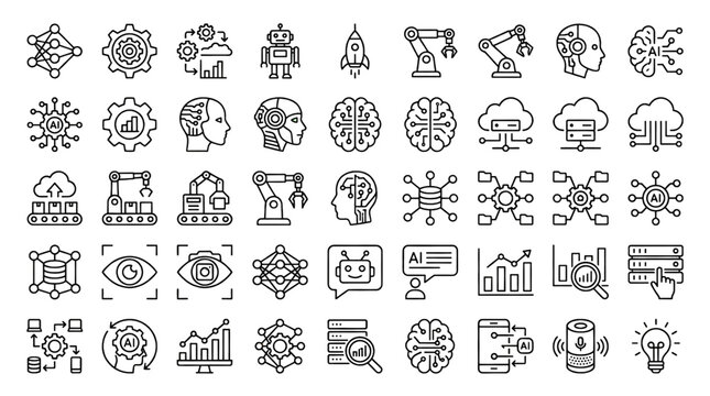 Artificial intelligence icon set black and white vector illustration with neural networks robotics and cloud computing symbols isolated on white background