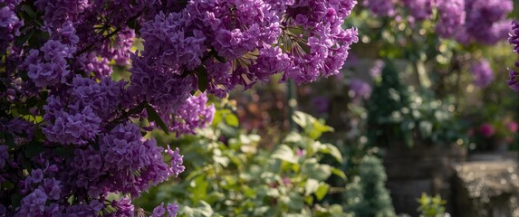 Obraz premium Purple lilac flowers blooming in a sunny garden