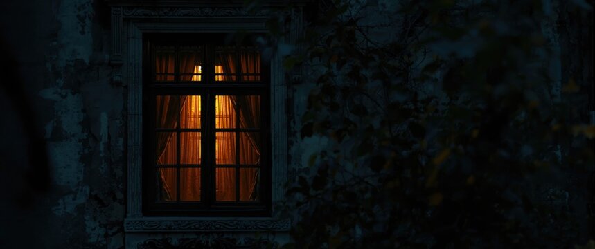 Old fashioned window glowing warmly through draped curtains during nighttime
