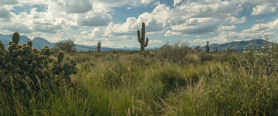 Obraz premium Expansive natural view showing dense cacti surrounded by tall grass and blooming meadows under a partly cloudy sky
