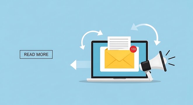 A laptop displays an email with a megaphone announcing it on a blue background with a read more button.