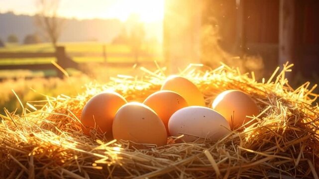 Fresh organic eggs resting in a rustic straw nest at sunrise