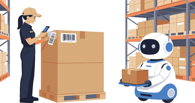 Warehouse robot, worker, and boxes, logistics vector illustration, industrial automation, robotic delivery