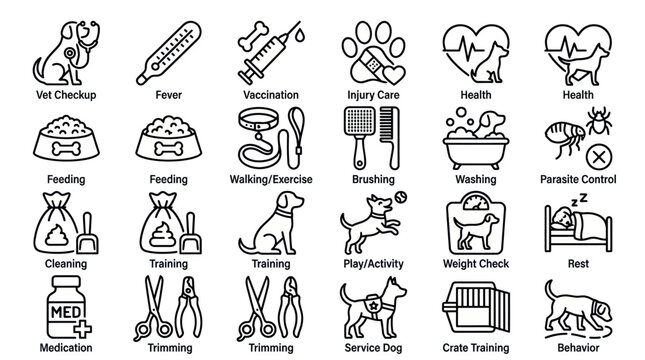 Animal healthcare and veterinary clinic line icons.
