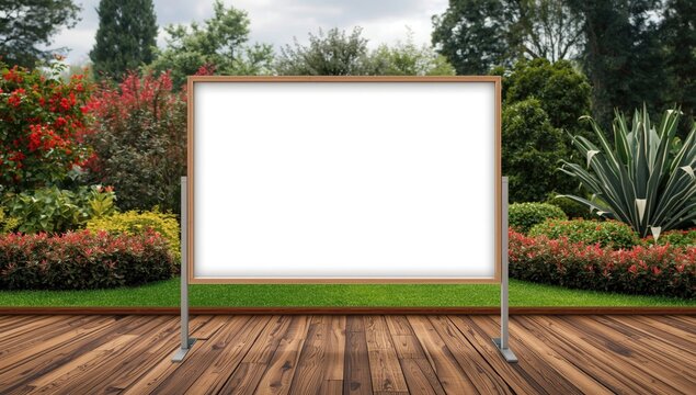 Blank white presentation board in a garden setting
