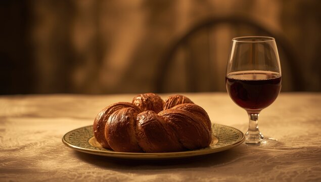 Peaceful Jewish Sabbath setting with braided challah and red wine for kiddush