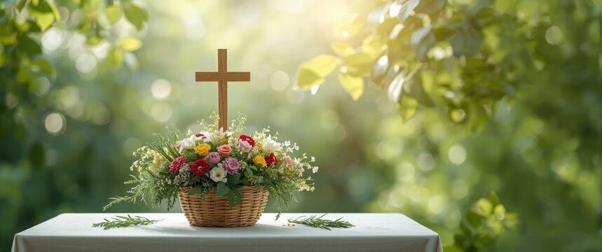 Herbal consecration ceremony with cross and floral basket on fifteenth day of Assumption