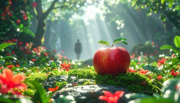 エデンの園の森で苔むした石の上に置かれた禁断の果実の赤いリンゴと奥に佇む人のシルエット