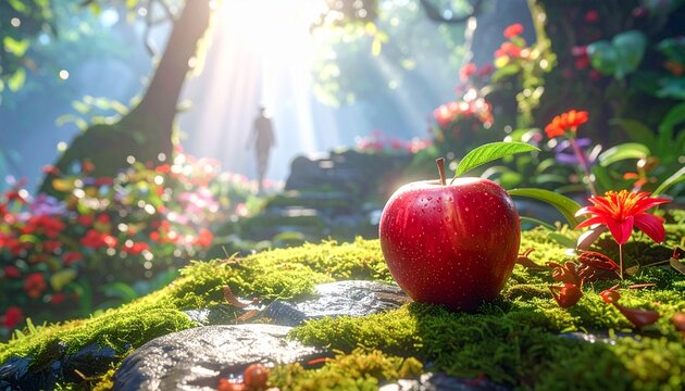 エデンの園の森で苔むした石の上に置かれた禁断の果実の赤いリンゴと奥に佇む人のシルエット