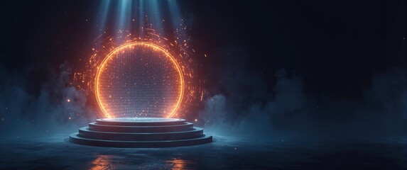 Fototapeta premium Glowing circular portal with light beams in a dark space