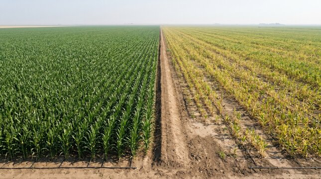 Wide aerial view of adjacent crop fields showing healthy green growth with drip fertigation beside stressed yellow stunted plants