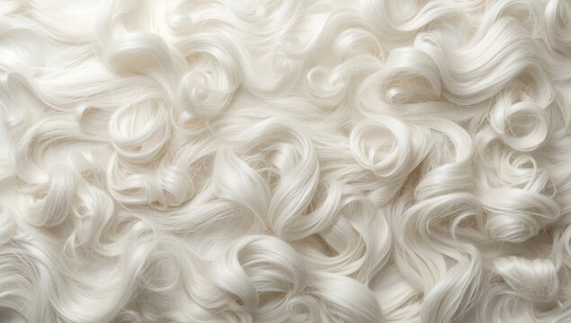 Volume and texture of white curly and wavy hair extensions demonstrated on a simple white background for styling