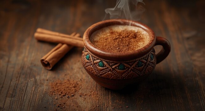 Traditional Mexican coffee brewed with cinnamon and piloncillo served in a handcrafted clay jarrito on a rustic wood surface