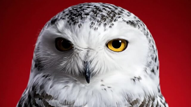 Close up portrait of a snowy owl looking at camera on red background.