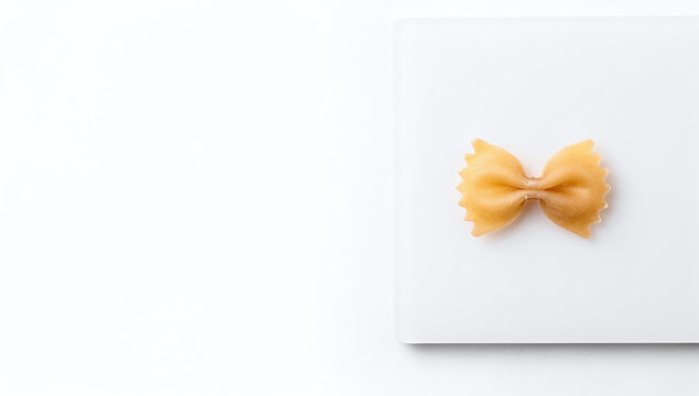 Top view of single raw farfalle pasta on white square tile with white background