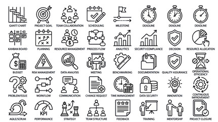 Business project management and strategic planning line icons. © ULFAITA