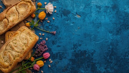 Obraz premium Seasonal elements featuring matzo bread and spring flowers on rich blue backdrop