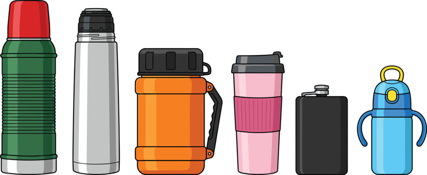 Insulated beverage containers vector collection featuring traditional thermos metal vacuum flasks orange food jar travel coffee mug pocket hip flask and toddler sippy cup.