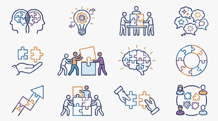 Fototapeta premium Creative Showing Team Collaboration Brainstorming Innovation and Problem Solving Concepts with high quality professional line art symbols for modern creative design and digital branding projects