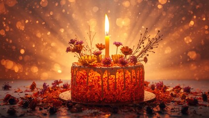Fototapeta premium Luminous confetti cake decorated with a burning candle and wildflowers on a radiant bright background with space for text