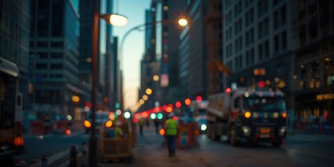 Obraz premium Out of focus street lamp casting vibrant bokeh over busy street construction