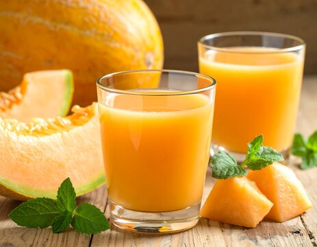 Two glasses of orange juice with slices of melon and green leaves on a wooden table