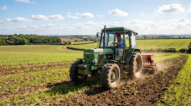 Unidentifiable farmer driving an unbranded green tractor with a rear implement across freshly worked farmland, raising dust beneath a bright summer sky and overlooking rolling rural fields