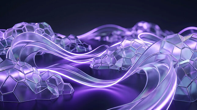 Abstract landscape made of translucent geometric bubbles and curved forms, violet neon glow, layered transparent materials, futuristic artistic composition, dark background, no watermark, no text