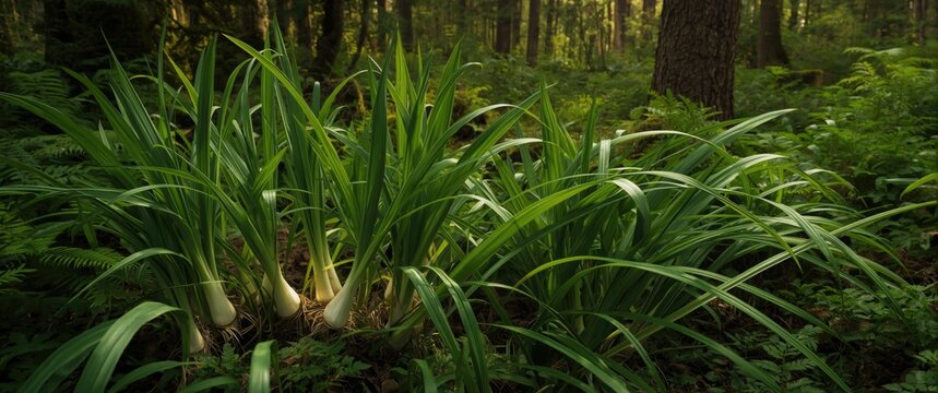 Healthy vibrant wild leeks growing amid woodland greenery