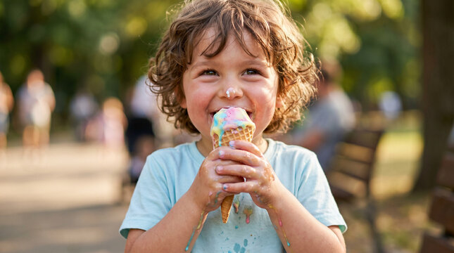 Unrecognizable child enjoying a delicious melting vanilla ice cream cone, sweet sticky hands covered in melted dessert on a bright summer day, joyful messy eating experience and refreshing treat