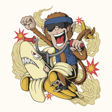Crazy Monkey Mascot Riding a Banana Rocket Motorcycle Vector Illustration