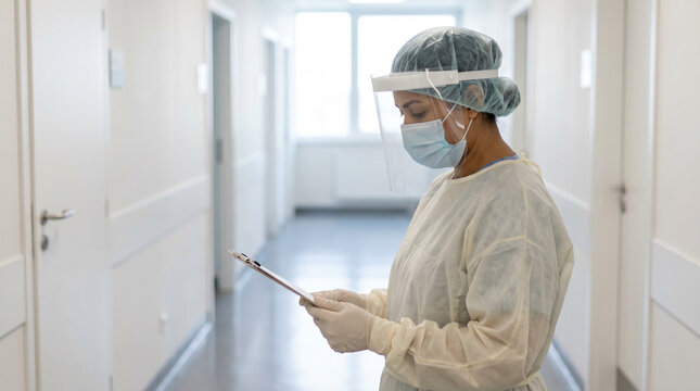 Unidentifiable medical expert wearing generic protective gear and face shield inside a pristine hospital environment, highlighting modern pandemic preparedness and intensive infection prevention.