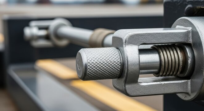 Close-up detailed view of industrial metal hardware featuring a knurled adjustment knob and fastening components