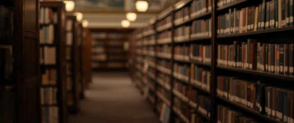 Obraz premium Rows of bookshelves in a dimly lit library