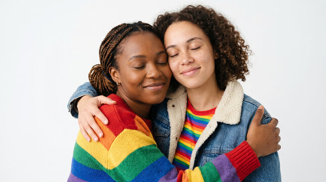 Two women in rainbow-striped hoodies and denim jackets embrace warmly against a white background, radiating love and acceptance in a concept ideal for Pride Month and diversity campaigns.