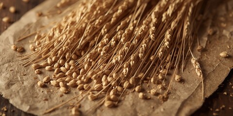 Obraz premium Natural golden wheat on fibrous craft paper base representing farm to table bread concepts
