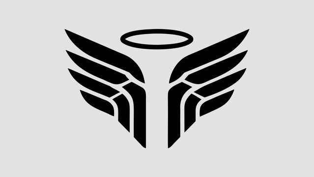 Stylized black angel wings and halo abstract symbol design on light gray background.