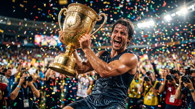 Exuberant unrecognizable male tennis athlete celebrating with a large golden trophy as confetti fills a brightly lit arena, photographers and cheering fans surround the triumphant champion