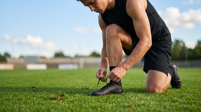 A muscular male athlete in black sportswear kneels on a perfectly manicured green football pitch to tie the laces of his black soccer cleats with a stadium building visible in the background, ideal fo