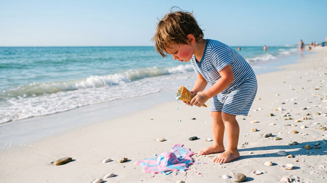 Anonymous young child clumsily dropping a rapidly melting delicious ice cream cone directly onto the warm pristine white beach sand, capturing a nostalgic summer holiday childhood mishap moment.