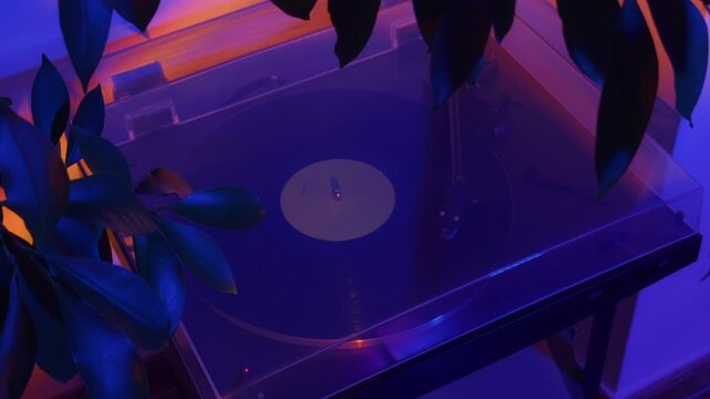 Evening vinyl turntable playing music with cinematic colorful lighting and plant leaves in background, cozy analog music atmosphere.

Wide cinematic shot of vinyl record player spinning in warm evenin