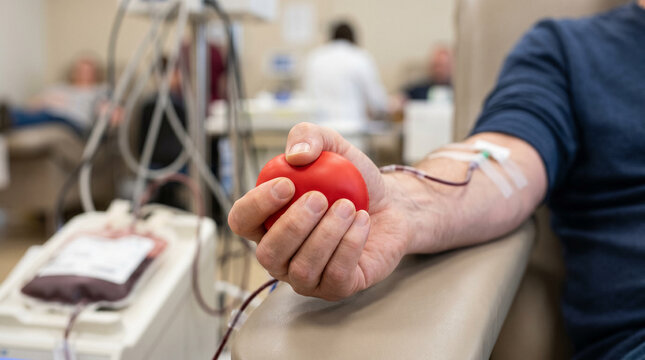 A close-up of a donor's hand firmly squeezing a red round stress ball while an IV needle and tubes are attached to their arm during a blood donation procedure at a medical facility.