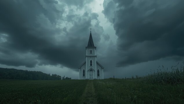White church under dark stormy clouds in a field