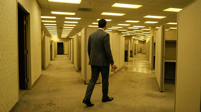 A lone businessman in a gray suit walks away from camera down a seemingly endless yellow fluorescent office corridor with cubicles and drop ceilings, coffee in hand, conveying workplace alienation and