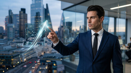 Fototapeta premium A young businessman in a blue suit points upward at a gleaming silver holographic rising arrow against a blurred London cityscape through glass office windows at dusk, an impactful visual for business